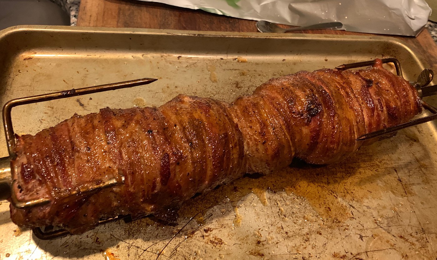 Bacon Wrapped Pork Tenderloin Joetisserie cook... — Big Green Egg Forum