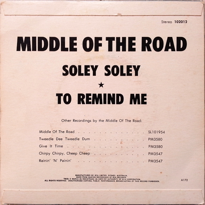 Middle Of The Road Soley Soley Australia back