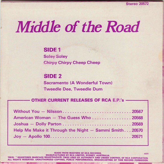 Middle Of The Road Soley Soley Australia EP back