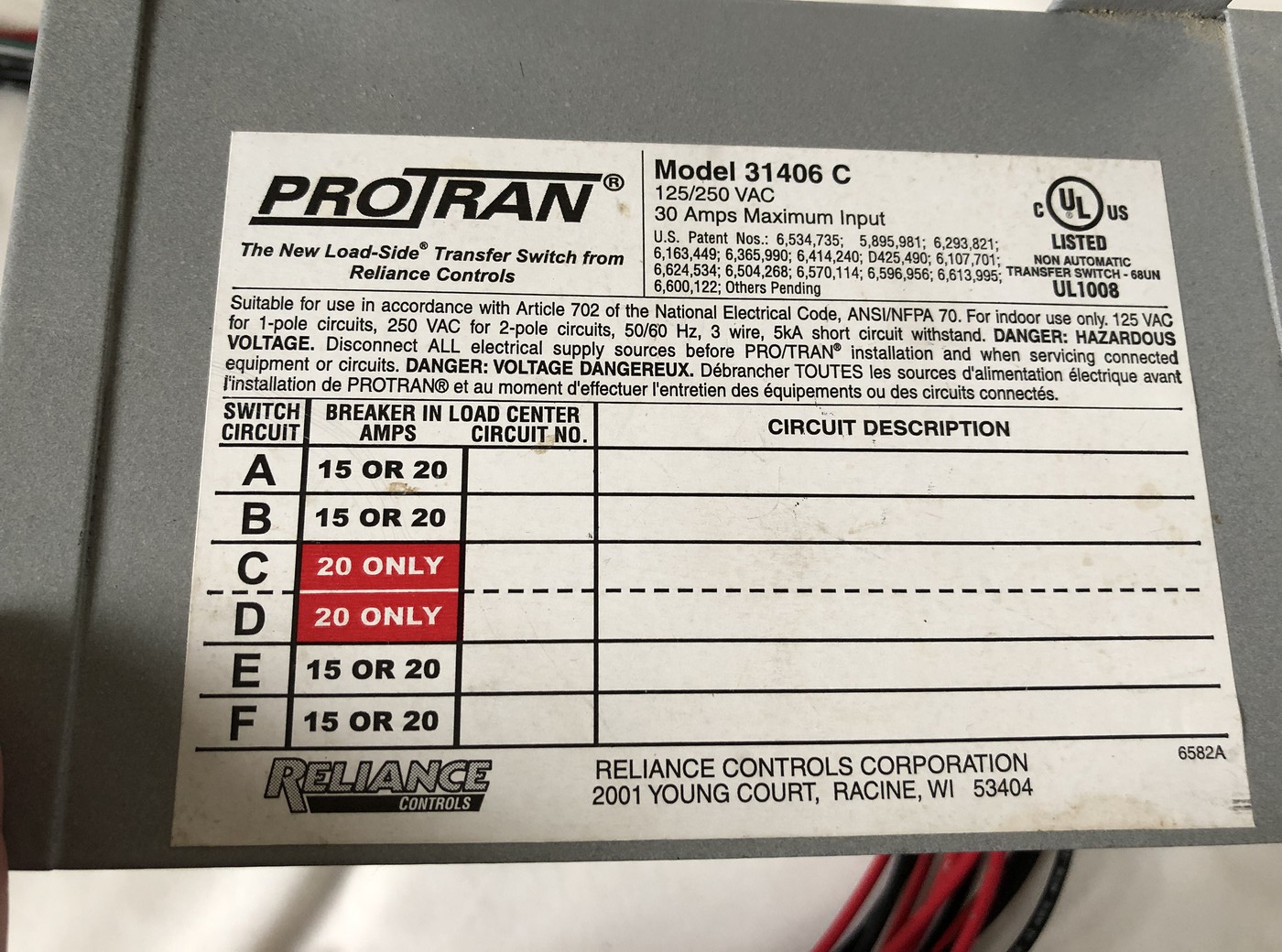 Reliance PRO-TRAN Manual Transfer Switch 30 Amps #31406C Side Load 30A