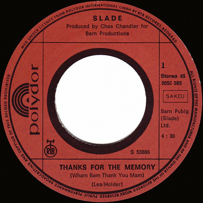 Slade Thanks For The Memory Yugoslavia side 1