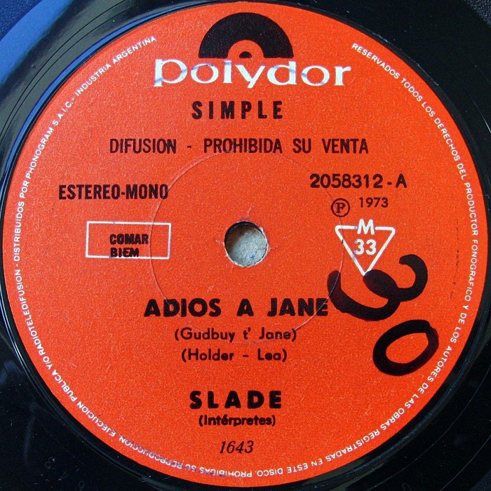 Slade Gudbuy T' Jane Argentina promo side 1