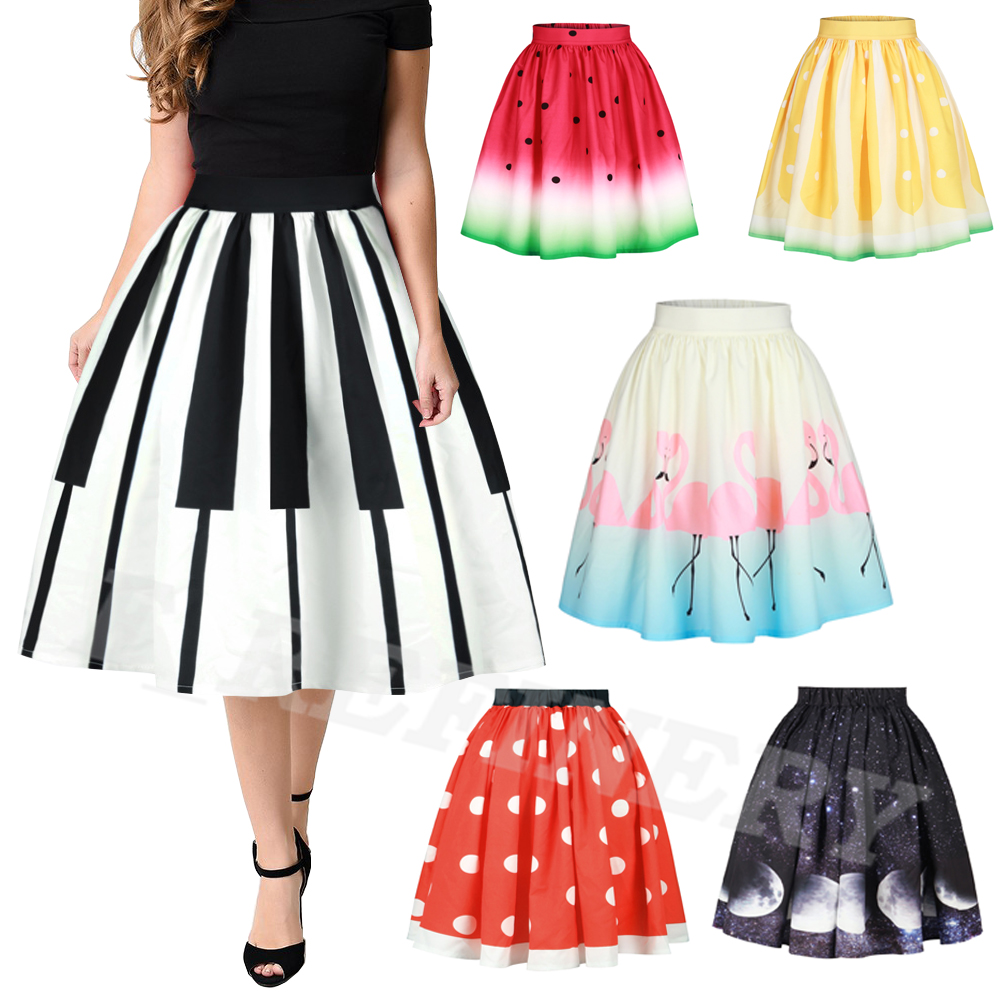 Women Fashion Cute Fruit 3D Print Skater Pleated Bubble Knee Length